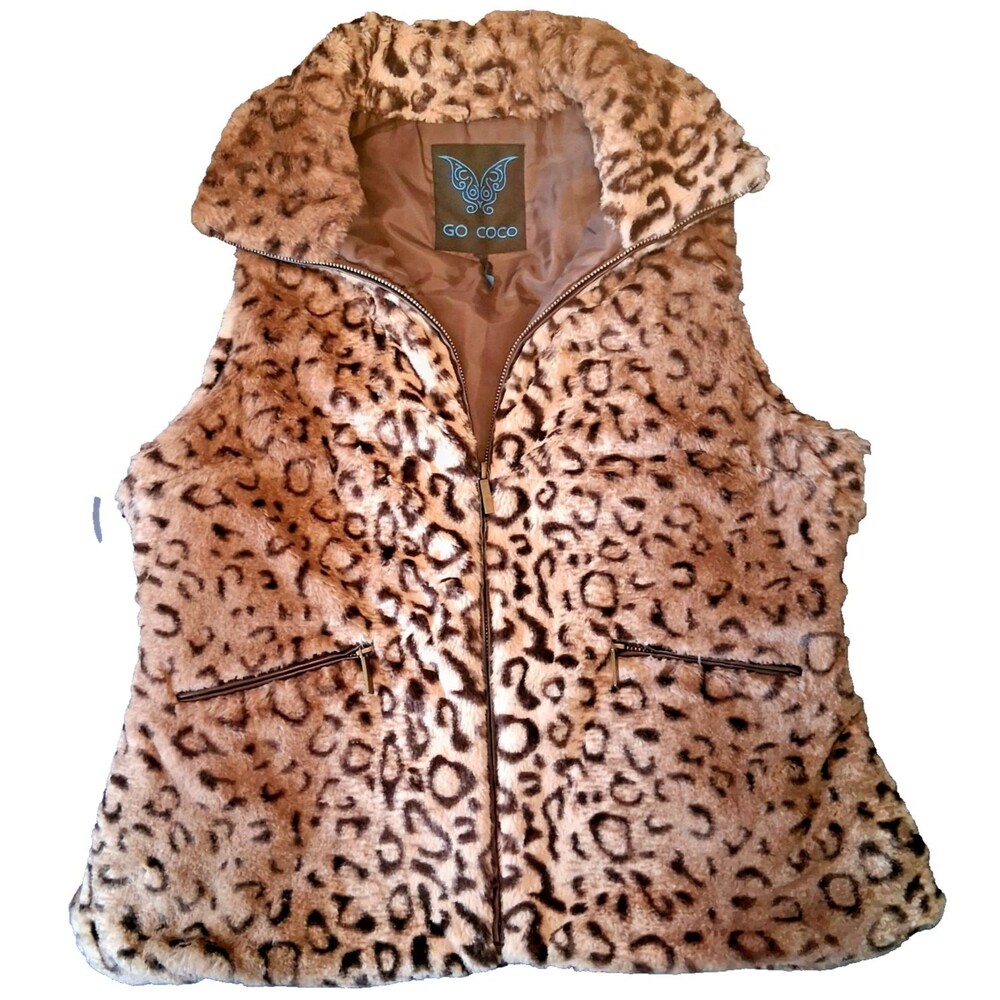 Go Coco Leopard Print Faux Fur Sleeveless Vest Women's Large Faux Leather